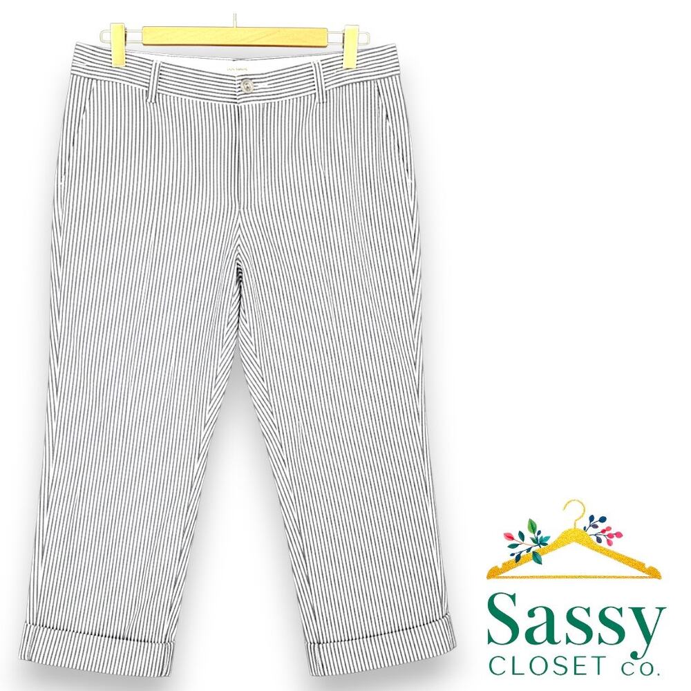 LOFT Petite Marisa Striped Pants 14P EUC White Blue Vertical Crop Seersucker